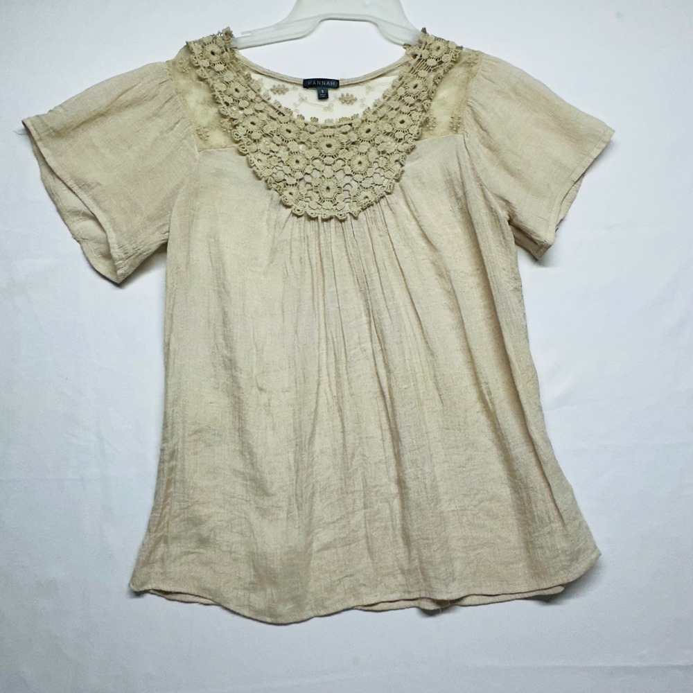 Hannah Oat Beige Gauzy Blouse Short Sleeves Lace‎ Embellishment Womens Small